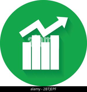 Symbol für das Balkendiagramm des Wachstums. Wachsende Diagramm flache Vektor-Illustration. Geschäftskonzept auf grünem runden Hintergrund mit langem Schatten. Stock Vektor