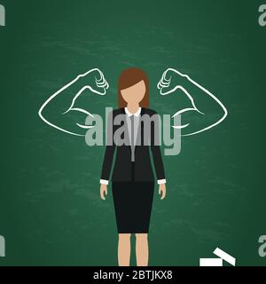 Geschäftsfrau mit gezogenen muskulösen Armen auf Tafel Hintergrund Vektor-Illustration EPS10 Stock Vektor