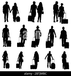 Mann und Frau mit Reisetasche schwarze Silhouette Stock Vektor