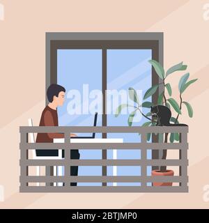 Junger Mann arbeitet mit Laptop auf offenem Balkon mit einer Katze und großen Zimmerpflanze Baum, Vektor-Illustration Stock Vektor
