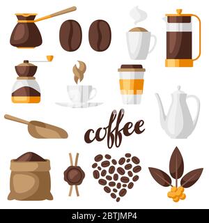 Satz von Kaffeesymbolen. Abbildung mit Lebensmitteln und Getränken. Stock Vektor