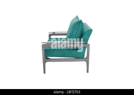 Grüner Sessel. Moderner Designer-Stuhl auf weißem Hintergrund. Stuhl mit Struktur. Stockfoto