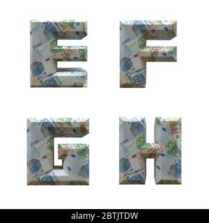 3D-Alphabet mit Euro-Banknoten umwickelt: Buchstaben E-H auf weißem Hintergrund Stockfoto