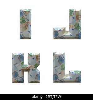 3D-Alphabet umwickelt mit Euro-Banknoten: Buchstaben I-L auf weißem Hintergrund Stockfoto