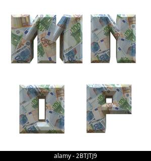3D-Alphabet umwickelt mit Euro-Banknoten: Buchstaben M-P auf weißem Hintergrund Stockfoto