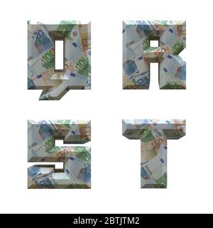 3D Alphabet umwickelt mit Euro-Banknoten: Buchstaben Q-T auf weißem Hintergrund Stockfoto