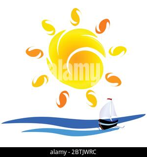 Sonne und Boot auf dem Meer Vektor-Illustration auf einer Farbe Stock Vektor