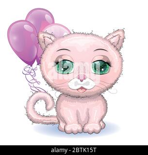 Cute Cartoon rosa Katze, ein Kätzchen auf einem Hintergrund von Blumen hält Bälle mit seinem Schwanz Stock Vektor