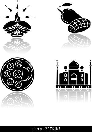 Indische Kultur Drop Schatten schwarz Glyph Symbole gesetzt Stock Vektor