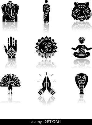 Indische spirituelle Symbole Drop Schatten schwarz Glyph Symbole gesetzt Stock Vektor