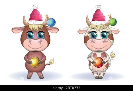 Niedliche Cartoon Kuh, Stier mit einem Weihnachtsgeschenk und in einem roten weihnachtsmann Hut, Symbol 2021 auf dem östlichen Kalender Stock Vektor