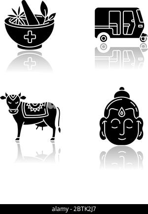 Indische Kultur Drop Schatten schwarz Glyph Symbole gesetzt Stock Vektor