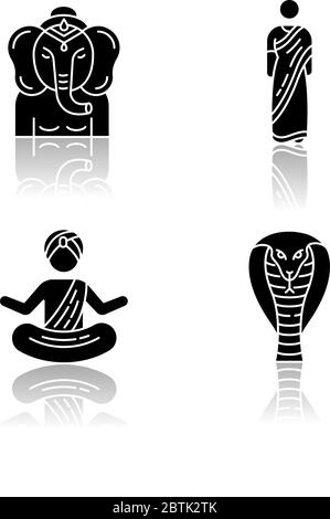 Indische Kultur Drop Schatten schwarz Glyph Symbole gesetzt Stock Vektor