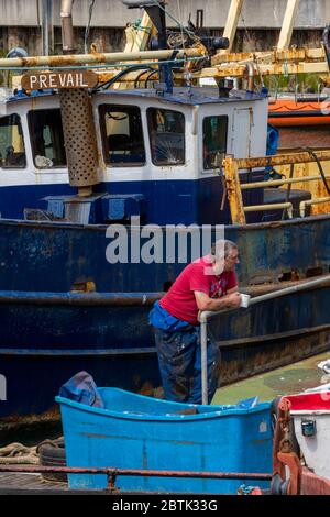Ein Fischer mit einer Tasse Tee, der eine Pause einlegte, sich auf einem Geländer auf seinem Fischerboot oder einem Trawler in einem kommerziellen Fischerhafen stützte. Stockfoto