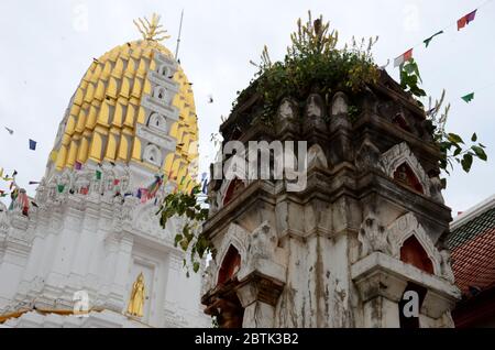 Niewer und alter Prang im Wat Phra Si Ratana Mahathat in Phitsanulok Stockfoto