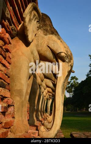 Elefantenreihe im Wat Sorasak in Sukhothai Stockfoto