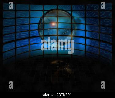 Leere Glaskugel vor Computersprachbildschirmen Stockfoto