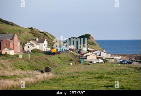 Direct Rail Services Lokomotive der Baureihe 37, die einen Kernflassenzug in St Bees auf der Bahnlinie der Küste von Cumbrian führt Stockfoto