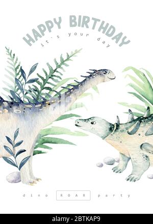 Cute Cartoon Baby Dinosaurier Kollektion Aquarell Illustration, Hand bemalt Dino isoliert auf einem weißen Hintergrund für Kindergarten Poster Dekoration. Rex Stockfoto