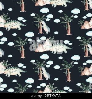 Cute Cartoon Baby Dinosaurier nahtlose Muster Aquarell Papier, Hand bemalt Dino Hintergrund Textur Jurassic Park . Rex Kinder lustige Kunst Stockfoto