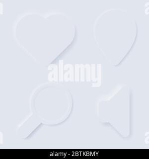 Neomorphismus Designs, UI-Komponenten. Design-Trends, einfache und Softtasten, Symbole, Symbole, Navigation, Lupe, Kreis, Herz, Lautsprecher. Stock Vektor