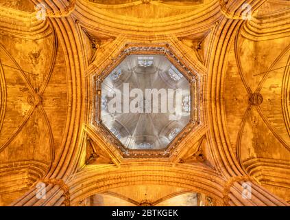 BARCELONA, SPANIEN - 4. MÄRZ 2020: Die Decke und Kuppel der Kathedrale des Heiligen Kreuzes und der Heiligen Eulalia. Stockfoto