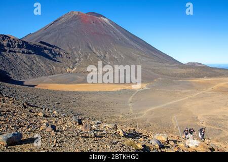 Wanderer auf dem Tongariro Alpine Crossing über dem South Crater, mit Mt Ngauruhoe dahinter Stockfoto