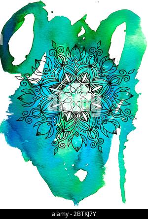 Wasserfarben Mandala.Hand gezeichnetes geometrisches Muster. - Illustration Stockfoto