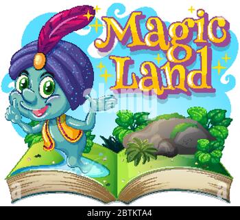 Schriftdesign für Wort Zauberland mit Szene aus einem Buch Illustration Stock Vektor
