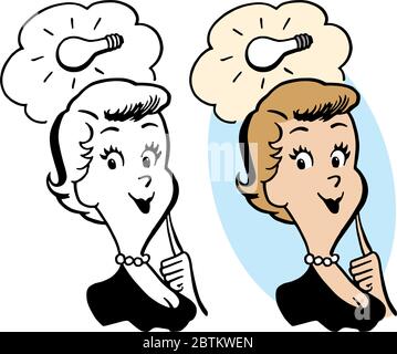 Eine Karikatur einer Frau, die eine Idee hat, die durch eine Glühbirne in einem Gedankenballon illustriert wird. Stock Vektor