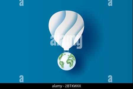 Illustration von Ballon rund um die Welt Konzept Papier Kunst Design. Erde mit kreativem, digitalem Papierschnitt und Bastelstil. Umwelt Ökologie Tierwelt Stock Vektor