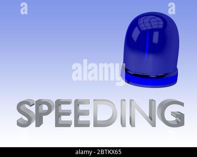 3D-Illustration von GESCHWINDIGKEITSÜBERSCHREITUNGEN Text zusammen mit einer Polizei Auto Lampe, isoliert über blauen Gradienten. Stockfoto