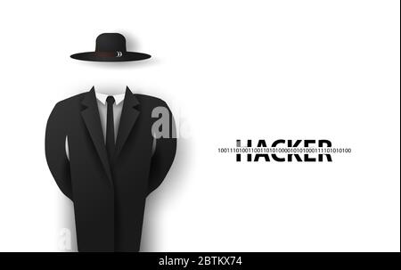 Schwarzer Hut Hacker Spion Agent, geheimnisvoller Mann in schwarzem Anzug mit der Maske auf weißem Hintergrund.gehackt mit dem Internet, Computer-Server, Datenbank, networ Stock Vektor