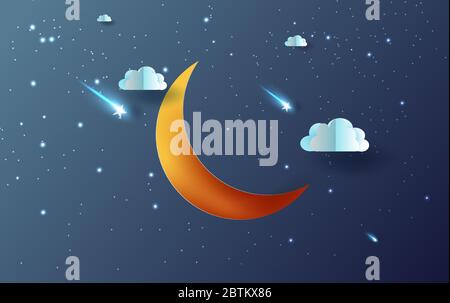 mond und Stern mit mystischen Nachthimmel Fantasy Hintergrund.Dunkle Wolkenlandschaft und Sterne fallen in der Regenzeit.Mondlicht in der Nacht.Kreatives Design Papier schneiden Sie ein Stock Vektor