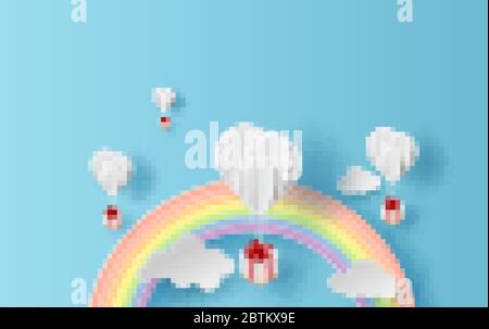 Illustration Sommer Saison Landschaft mit einem Regenbogen auf blauem Himmel Hintergrund. Luftballons Geschenk schwimmend auf Luft mit Papier Kunst.Kreatives Design Papier geschnitten und Stock Vektor