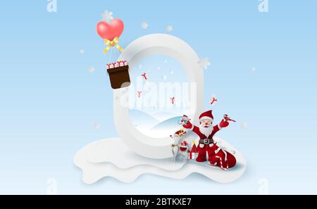 Landschaft Frohe Weihnachten und Neujahr an Feiertagen Ballon Herz mit Winter Schnee season.Creative Schneemann Santa Claus Geschenk-Box, Vogel und Ratte Papier geschnitten Stock Vektor