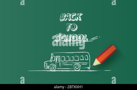 Zurück zur Schule BUS Horizontale Banner Zeichnung auf Kreidetafel.Kreatives Lernen Bleistift Design Papier geschnitten und Handwerk für Schule Konzept Ideen.Skizze auf der Stock Vektor