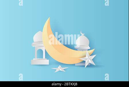 Papier Schnitt Ramadan Kareem Halbmond Dekoration mit Stern und Laterne auf Pastellfarben Hintergrund.Minimal niedlichen Papier Kunst und Handwerk Stil für poste Stock Vektor