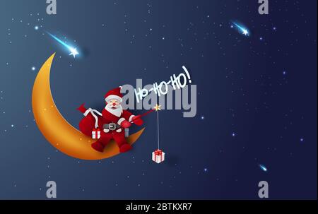Frohe Weihnachten und ein glückliches neues Jahr des weihnachtsmanns Angelrute halten Geschenk box.Half Mond und Stern mit mystischen Nachthimmel Fantasie Hintergrund.Mondlicht bei Stock Vektor
