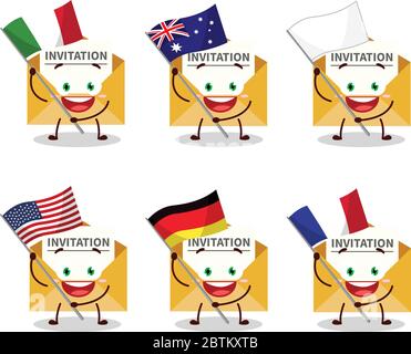 Einladung Nachricht Cartoon Charakter bringen die Flaggen von verschiedenen Ländern Stock Vektor