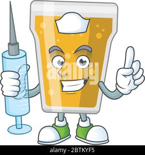 Eine bescheidene Krankenschwester Becher Bier Cartoon Charakter hält Spritze Stock Vektor