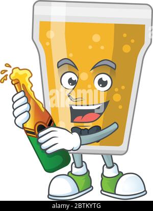 Happy Gesicht von Becher Bier Cartoon Design Toast mit einer Flasche Bier Stock Vektor