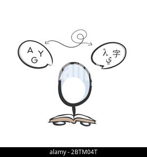 Sprachen lernen. Übersetzung mit einem Wörterbuch. Internationale Kommunikation. Glyphe zu Buchstabe. Handgezeichnet. Stickman Cartoon. Skizze, Vektor Stock Vektor