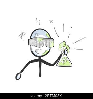 Das Laborexperiment ist schief gelaufen. Chemiker hält Kolben. Explosion der Lösung. Handgezeichnet. Stickman Cartoon. Doodle Skizze, Vektor Grafik Illustration Stock Vektor