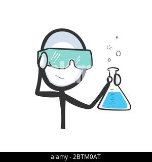 Chemiker mit Laborflasche. Wissenschaftler tragen Sicherheitsglas für ein Experiment. Handgezeichnet. Stickman Cartoon. Kritzelskizze, Vektorgrafik Stock Vektor