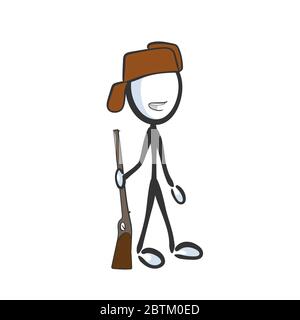 Holzfäller, Förster mit einer Pistole. Glücklicher Jäger. Handgezeichnet. Stickman Cartoon. Doodle Skizze, Vektor Grafik Illustration Förster Jäger Gunman Stock Vektor