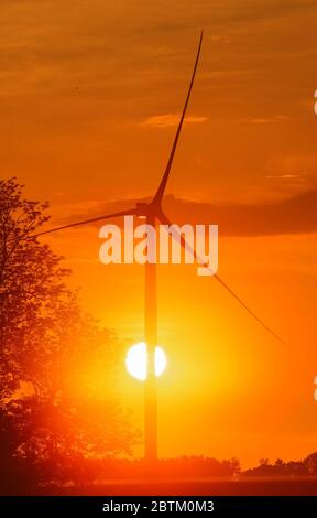 Dummerstorf, Deutschland. Mai 2020. Nebel liegt über einer Wiese, während die Sonne hinter einer Windturbine aufgeht. Quelle: Jens Büttner/dpa-Zentralbild/dpa/Alamy Live News Stockfoto