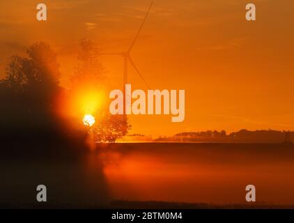 Dummerstorf, Deutschland. Mai 2020. Nebel liegt über einer Wiese, während die Sonne hinter einer Windturbine aufgeht. Quelle: Jens Büttner/dpa-Zentralbild/dpa/Alamy Live News Stockfoto