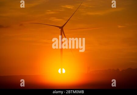 Dummerstorf, Deutschland. Mai 2020. Nebel liegt über einer Wiese, während die Sonne hinter einer Windturbine aufgeht. Quelle: Jens Büttner/dpa-Zentralbild/dpa/Alamy Live News Stockfoto