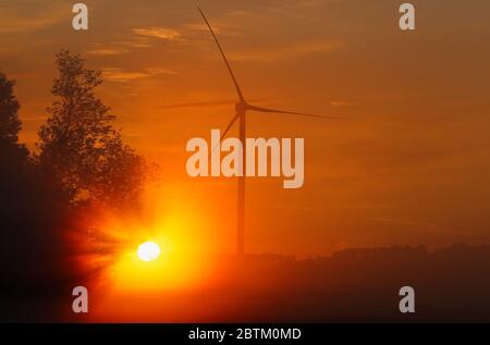 Dummerstorf, Deutschland. Mai 2020. Nebel liegt über einer Wiese, während die Sonne hinter einer Windturbine aufgeht. Quelle: Jens Büttner/dpa-Zentralbild/dpa/Alamy Live News Stockfoto